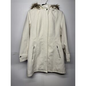 Metaphor Women's White Hooded Coat with Faux Fur Trim